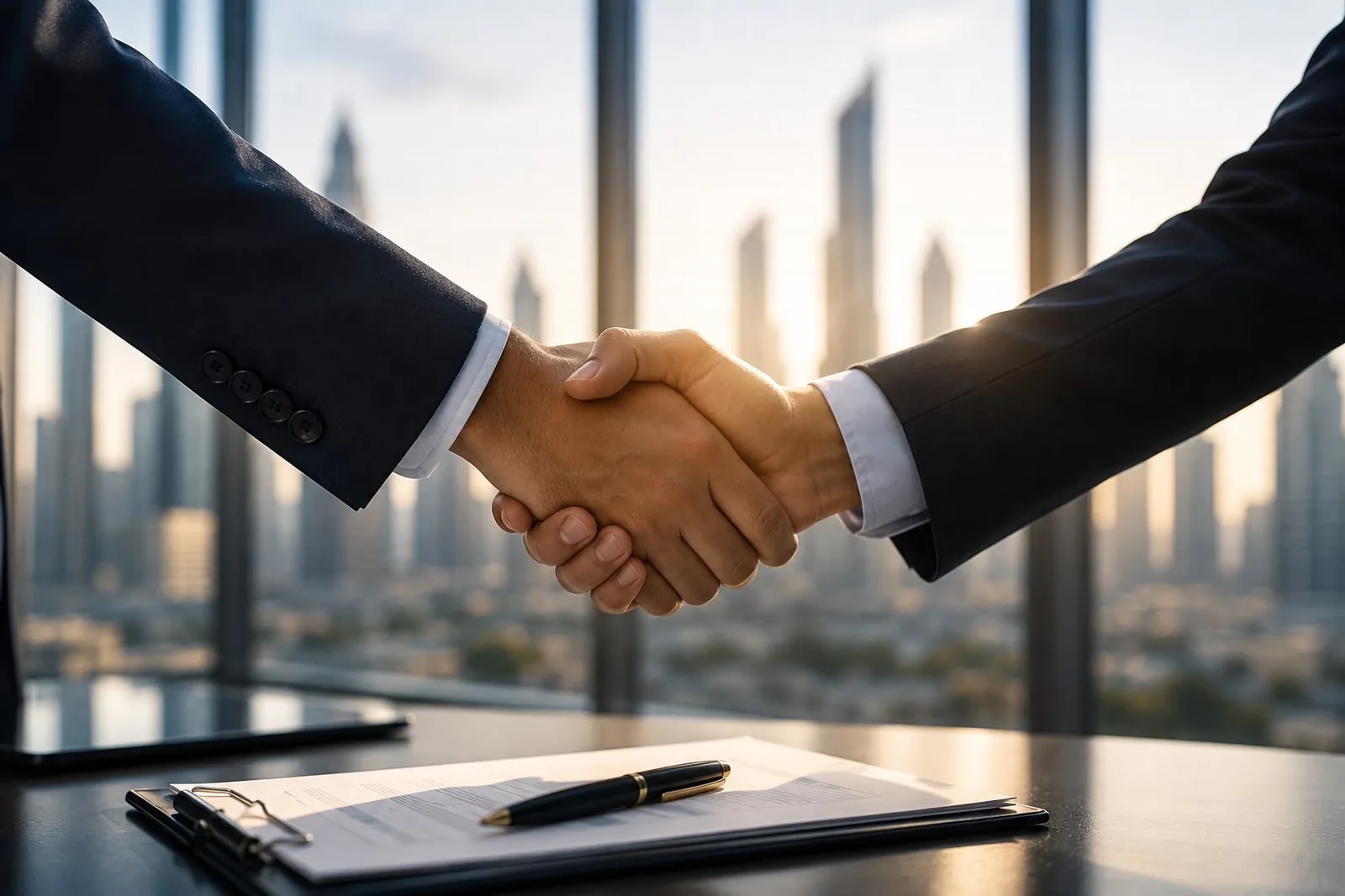 لحظة إتمام صفقة — مصافحة فوق عقد موقّع وخلفها أفق المدينة
